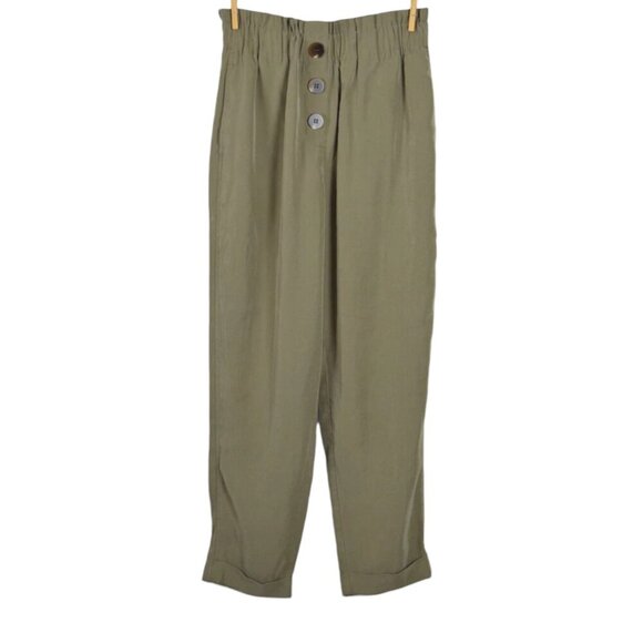 ZARA KHAKI GREEN ELASTIC BUTTON CROPPED PANTS - Picture 2 of 8